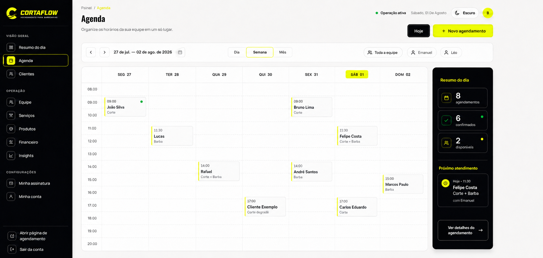 Agenda semanal real do CortaFlow